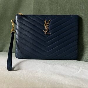 Saint Laurent Navy Blue Leather Matelasse Monogram Clutch Wristlet